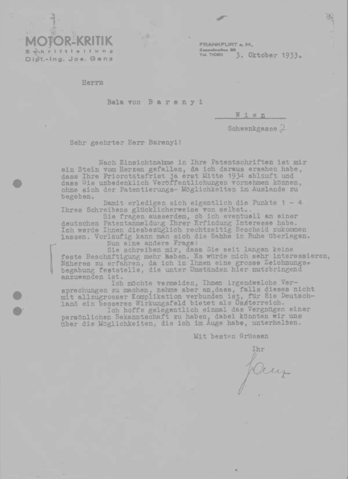 Letter from Josef Ganz to Béla Barényi, 3 October 1933