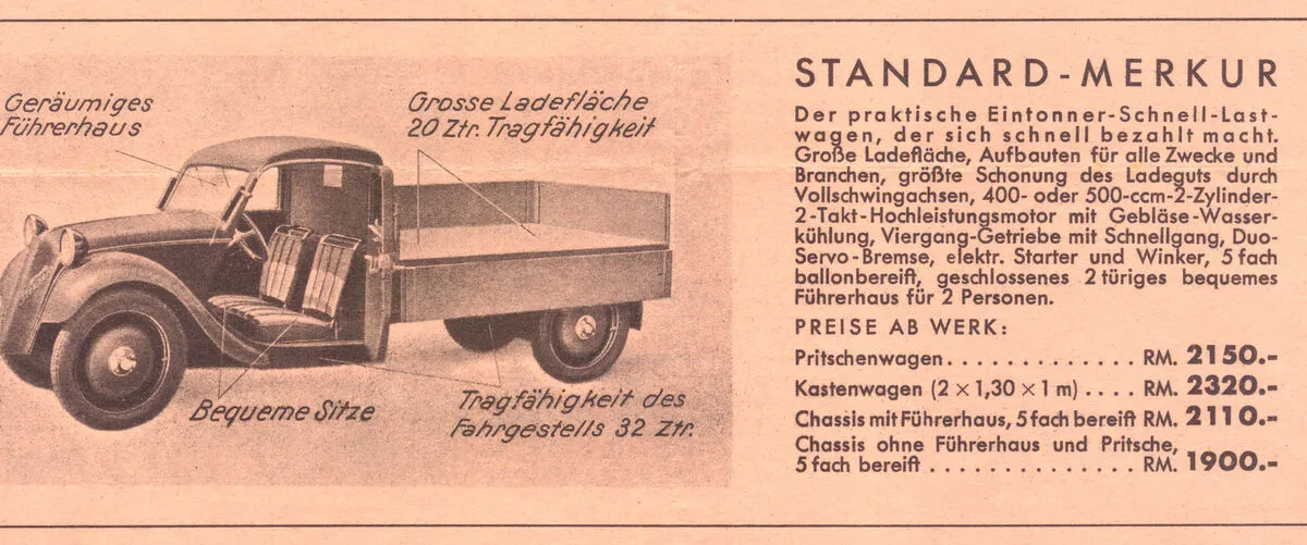 Leaflet for the Standard Merkur model year 1934